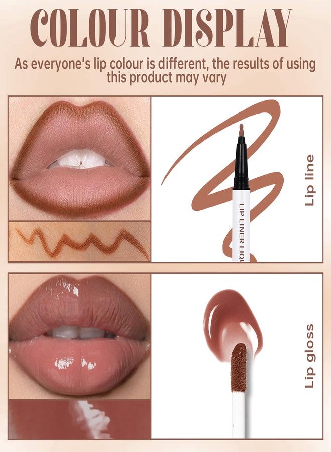 Noerrors 2Pcs Lip Stain Marker Liner Pen and Lip Gloss Lip Combo Set, Brown Liquid Waterproof Long Lasting Lip Liner with Moisturizing Lightweight Lip Gloss for Plumping Big Lips High Glossy Makeup - Image 5